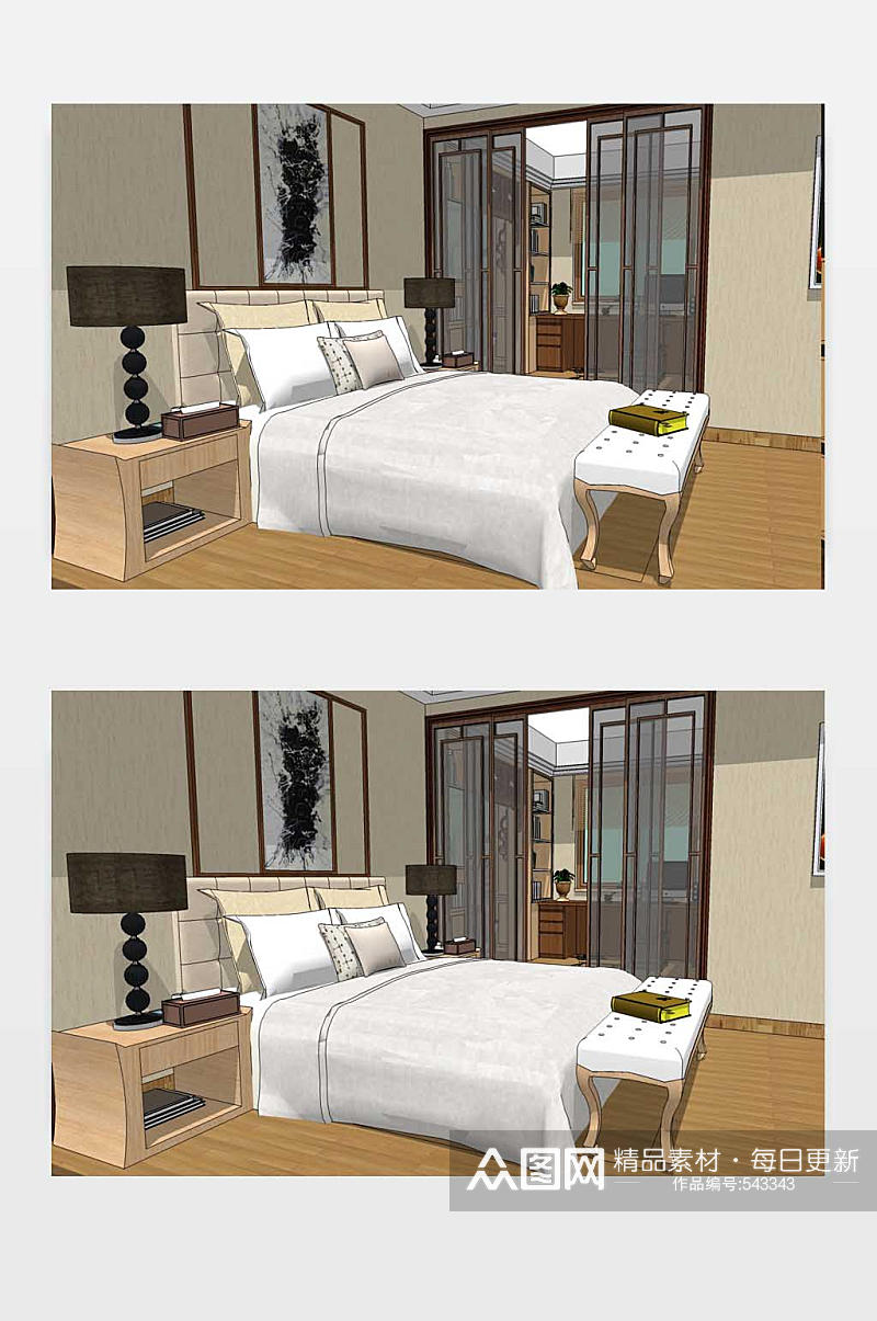 中式风格卧室SU模型素材