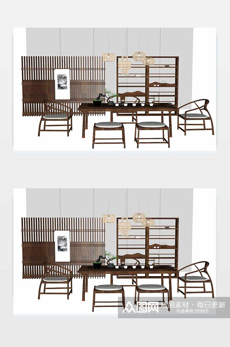 SU新中式禅意家具效果图素材