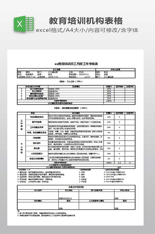 教育培训机构员工绩效考核表