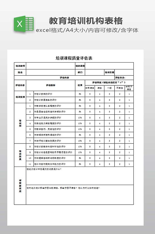 培训课程评价表模板下载-众图网