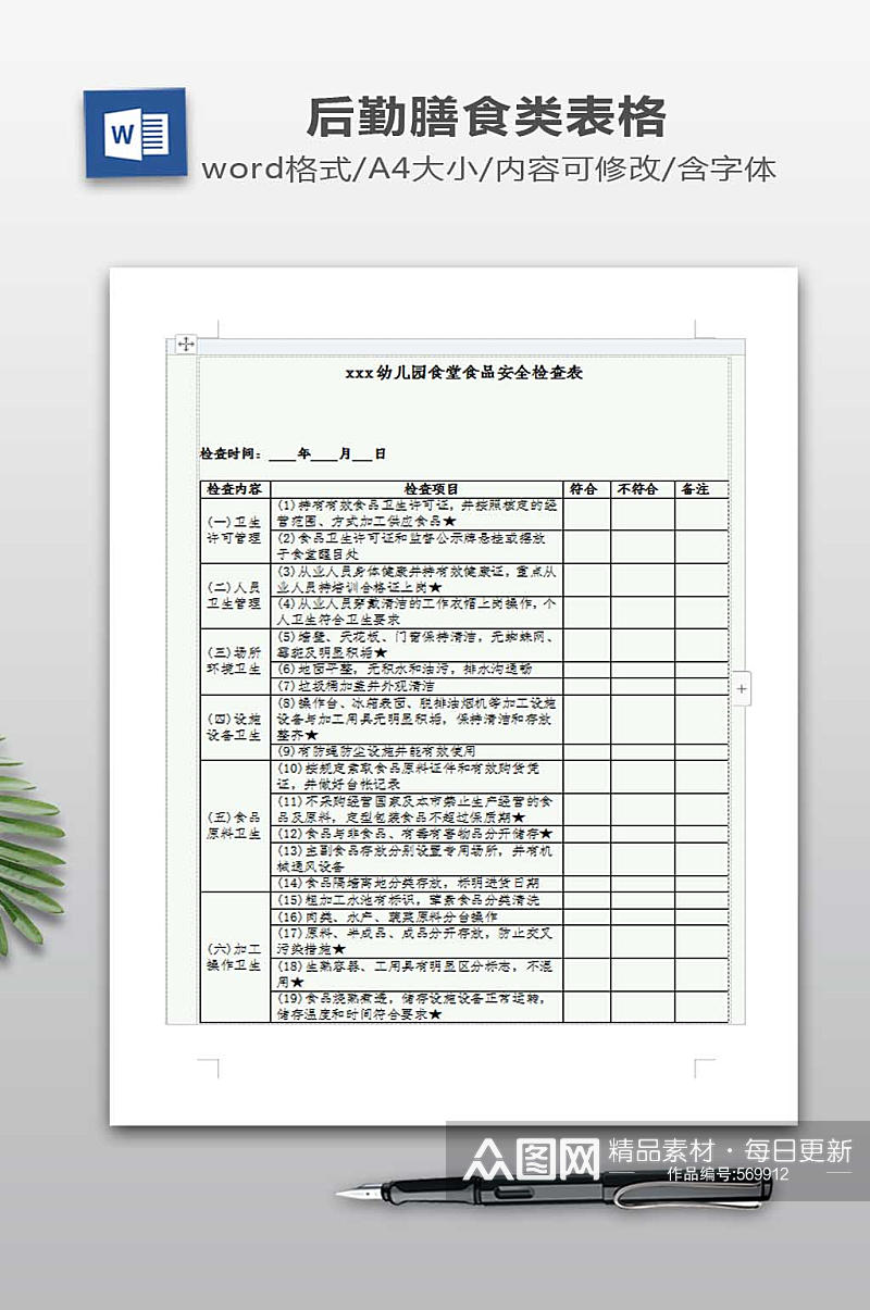 幼儿园食堂食品安全检查表素材