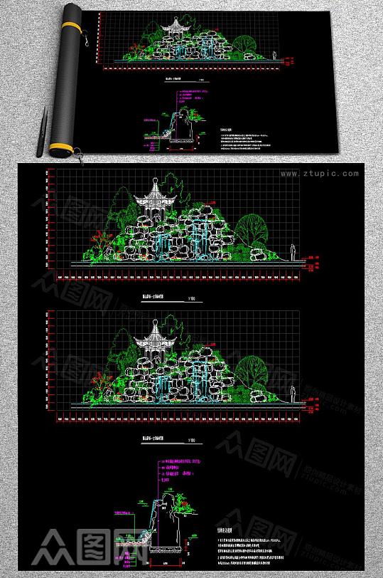 假山瀑布CAD平立剖面图