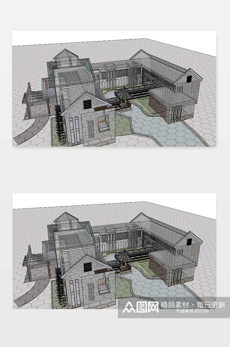 新中式别墅3D效果图素材
