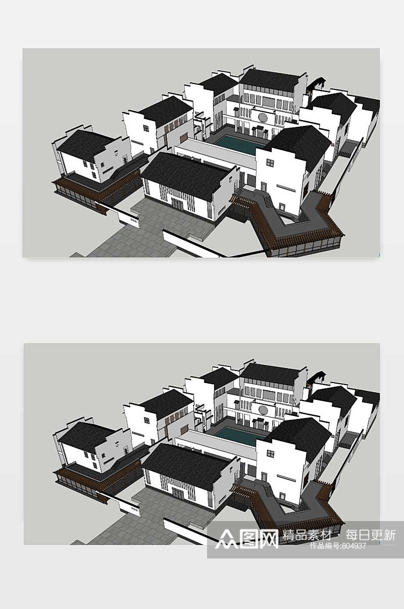 新中式别墅3D效果图素材
