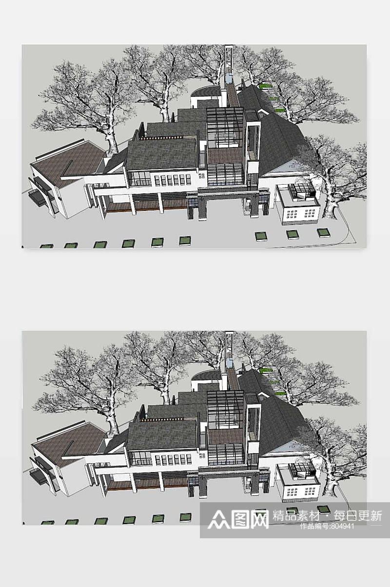 SU新中式别墅效果图素材