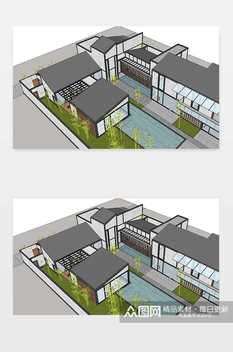 新中式别墅3D效果图素材