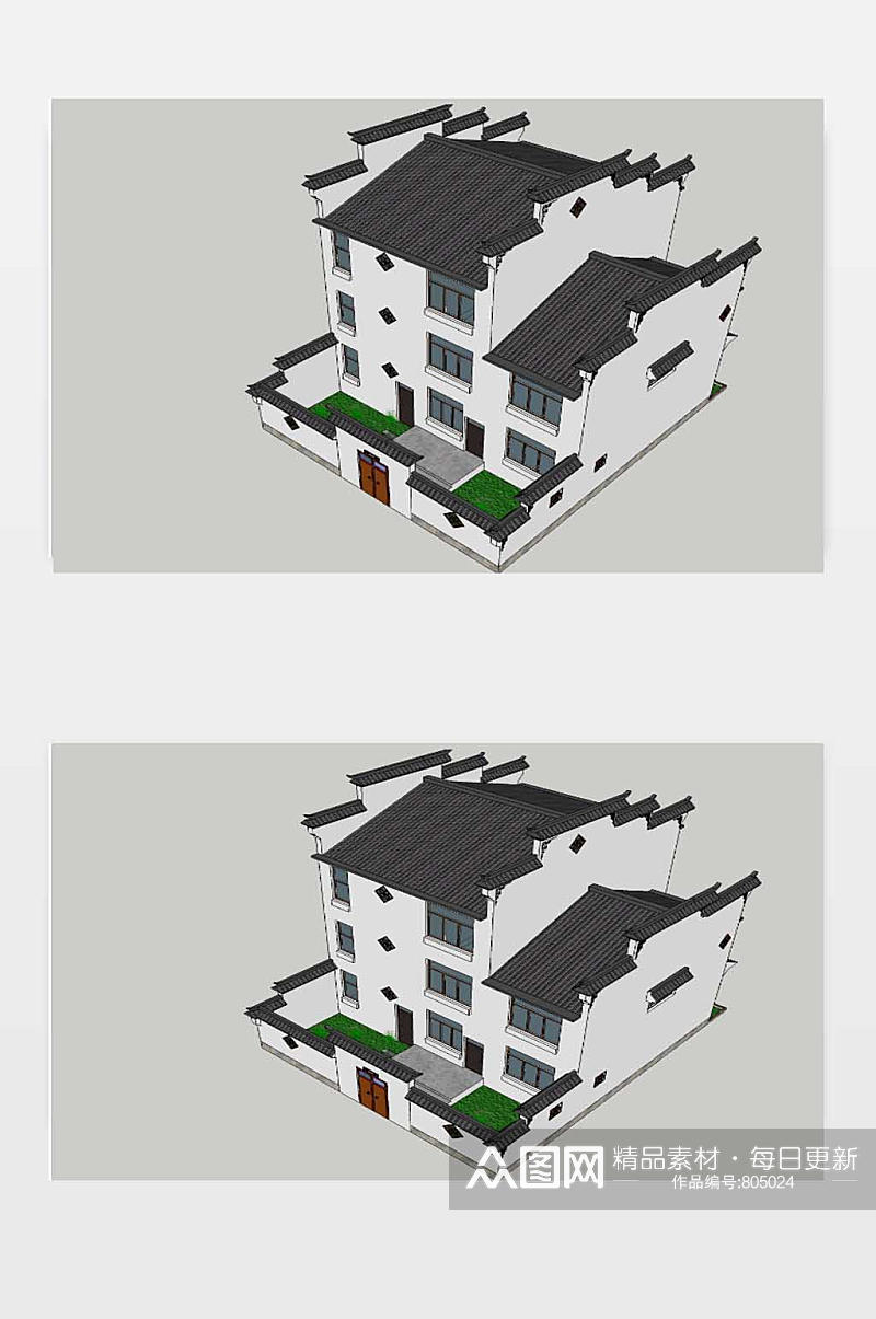 徽派别墅3D效果图素材