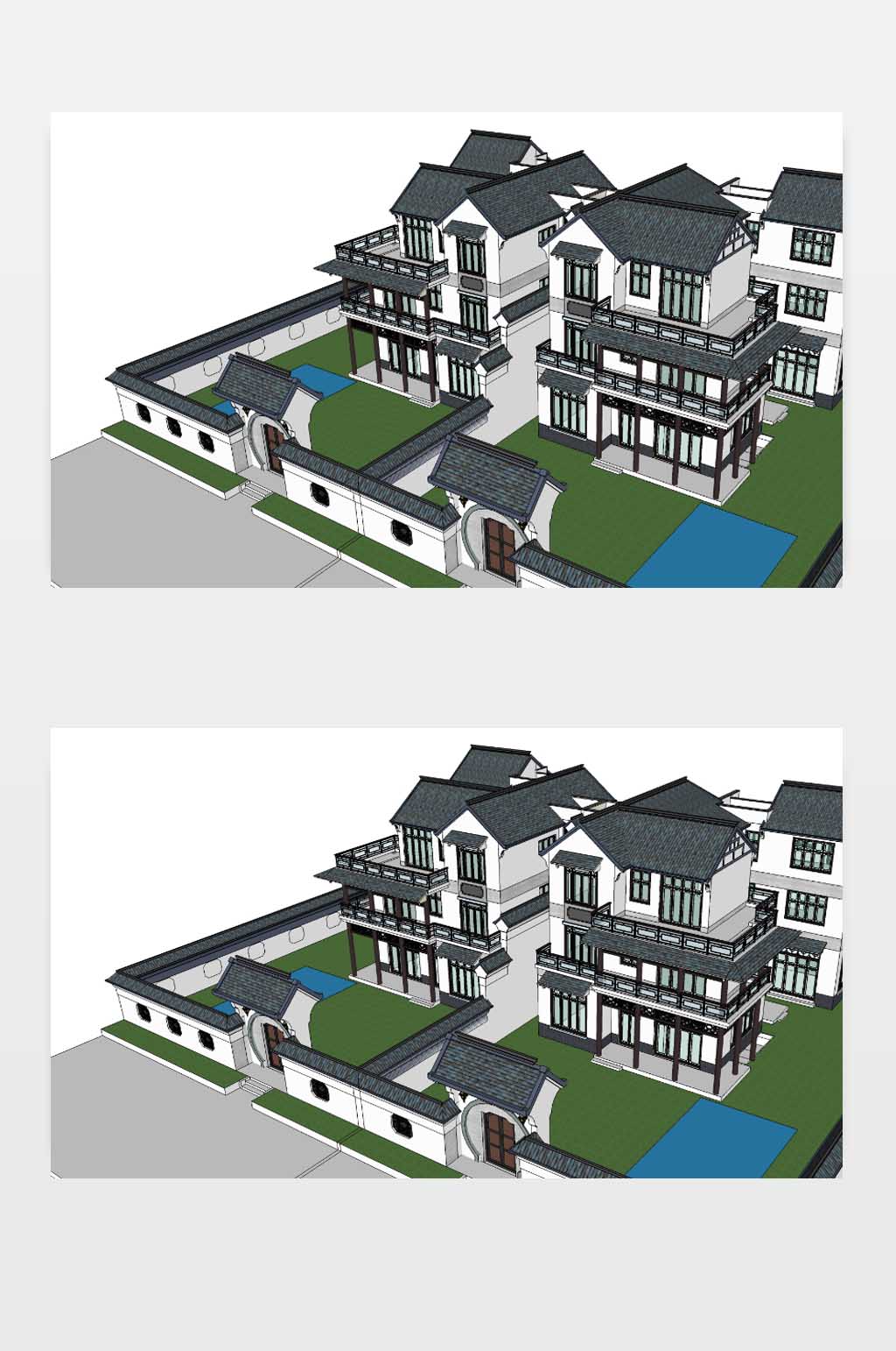 新中式别墅3D效果图素材