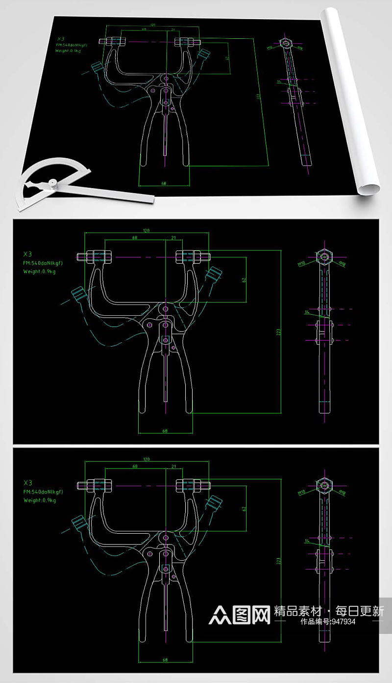 夹钳CAD平面设计图素材