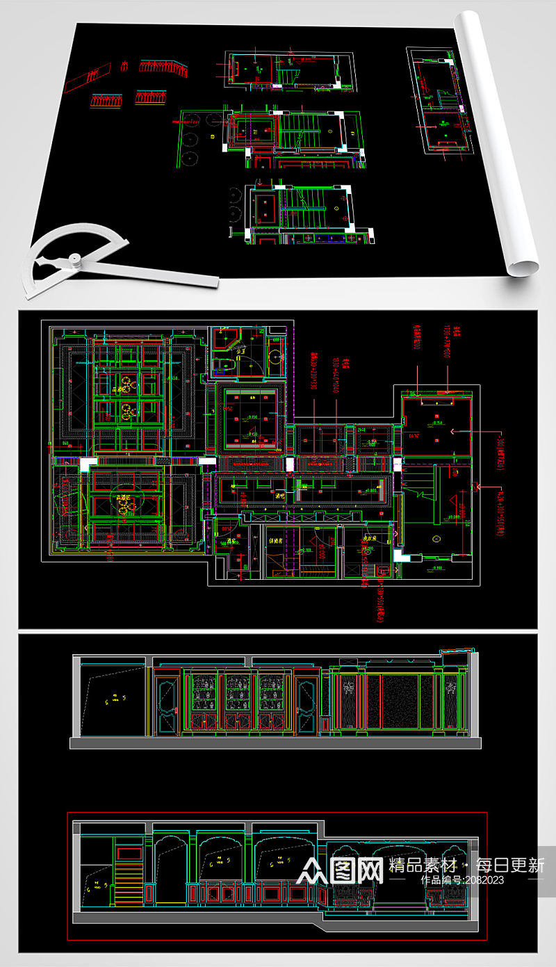 三层双拼别墅CAD平面图素材