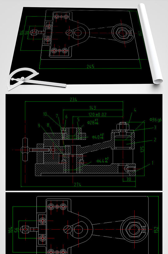 钻摇臂小头孔夹具CAD平面设计图
