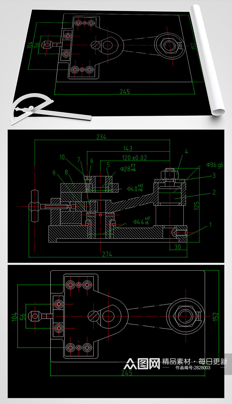 钻摇臂小头孔夹具CAD平面设计图素材