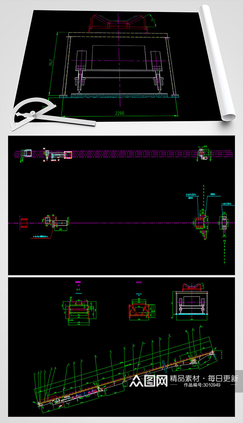 固定式带式输送机CAD平面设计图素材