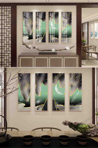 原创新中式抽象水墨山水客厅书房四联装饰画
