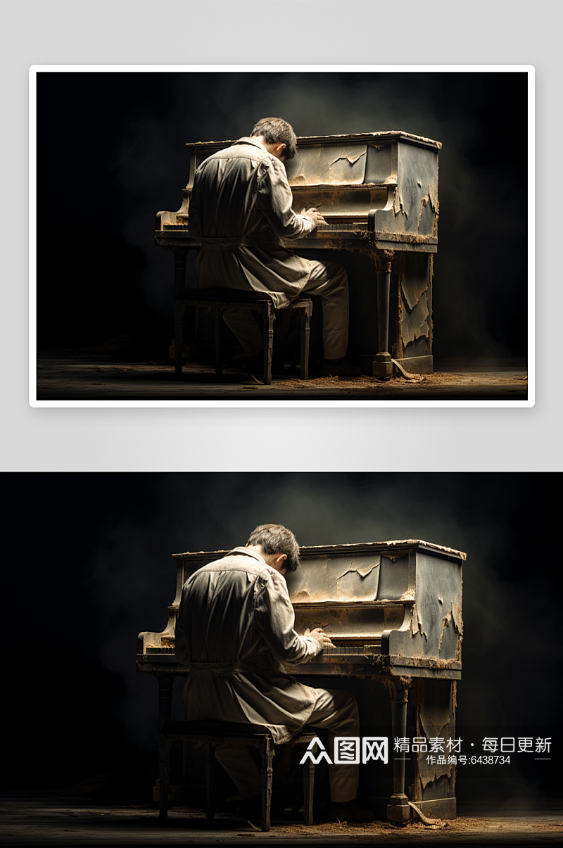 AI数字艺术弹钢琴人物背影摄影图素材