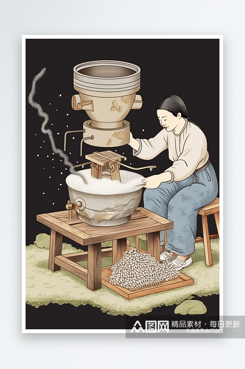 AI数字艺术腊月习俗二十五磨豆腐插画素材