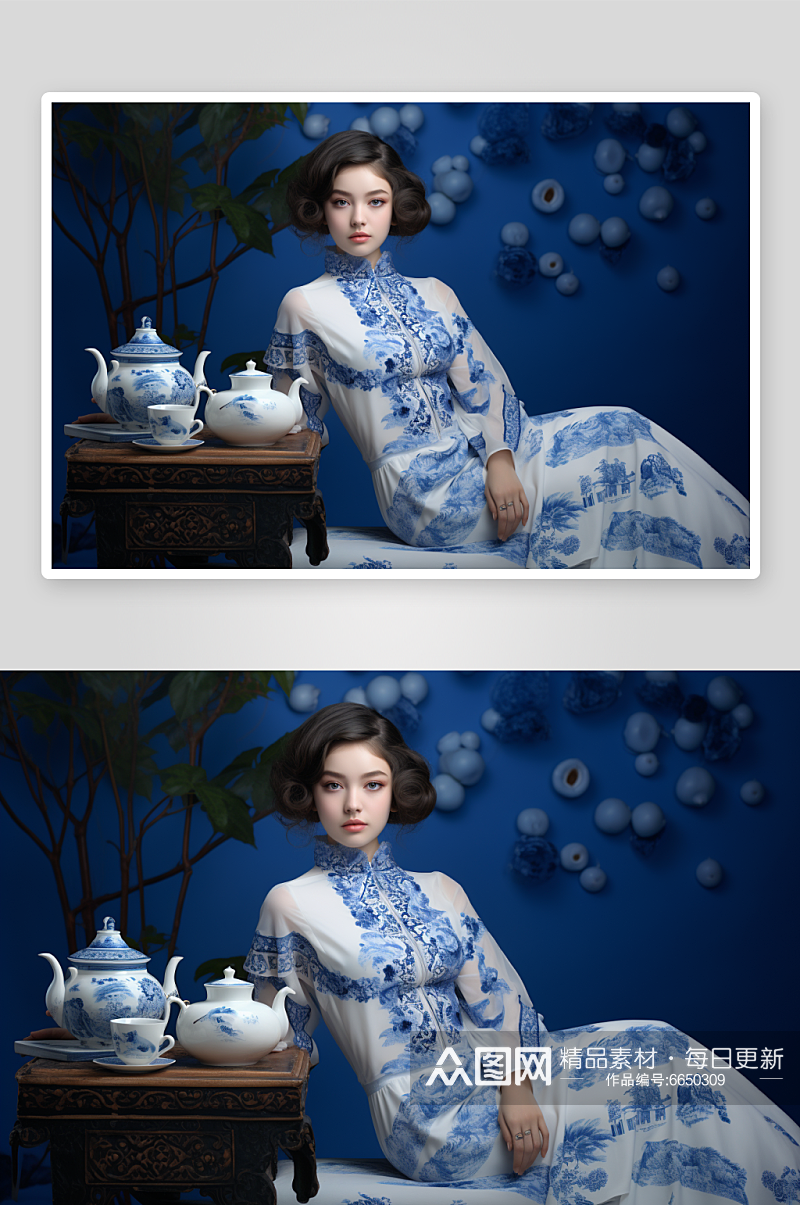 AI数字艺术中国风青花瓷肖像人物摄影图素材
