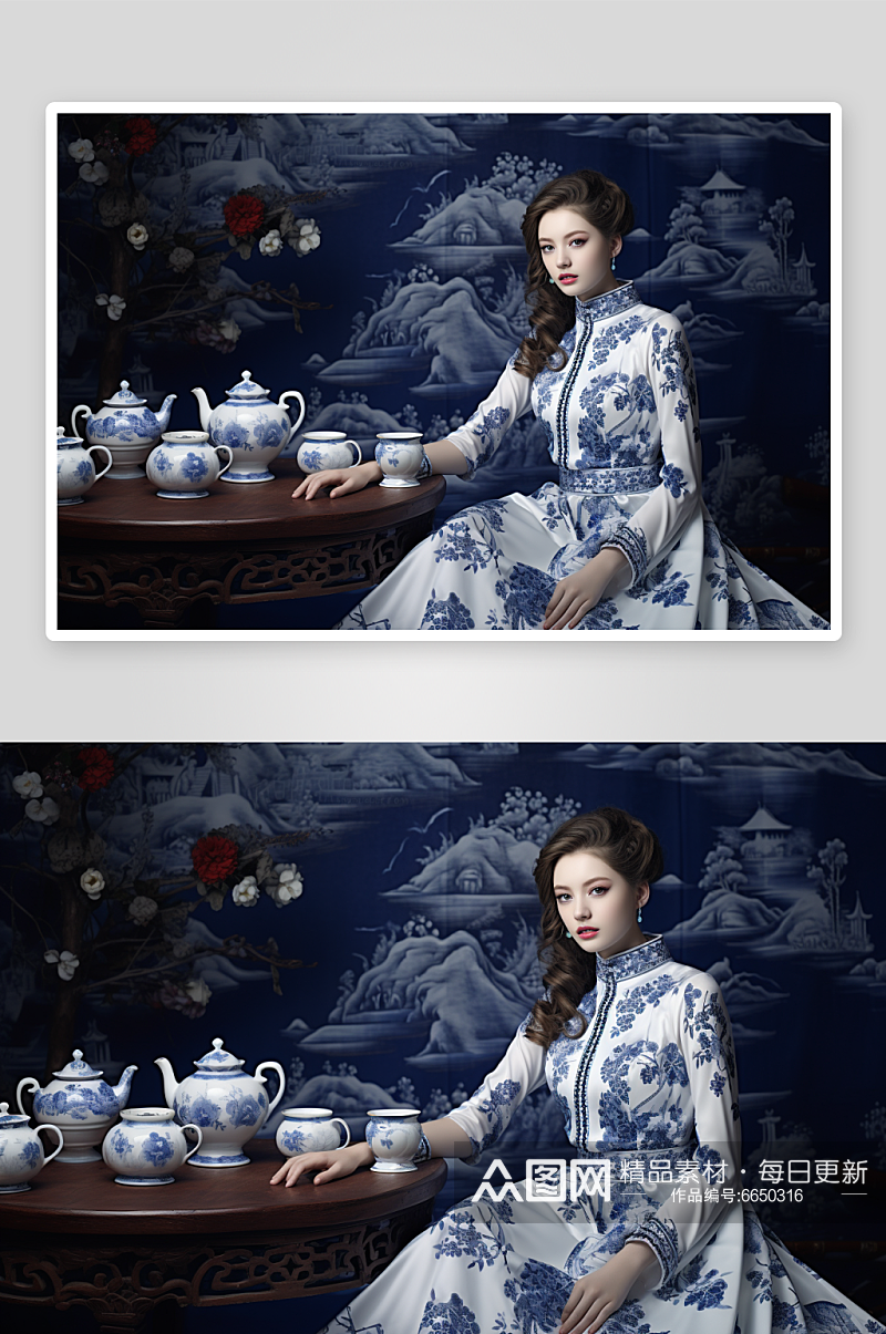 AI数字艺术中国风青花瓷肖像人物摄影图素材