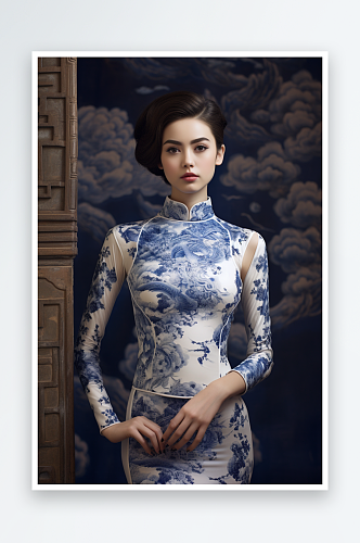AI数字艺术中国风青花瓷肖像人物摄影图