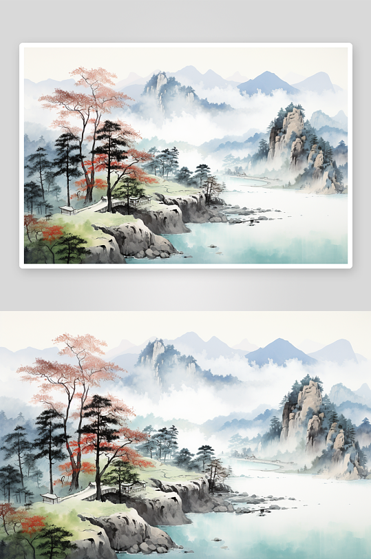 AI数字艺术红色鸿运当头山水画装饰画