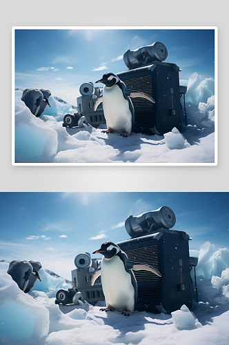 AI数字艺术全球变暖企鹅摄影图