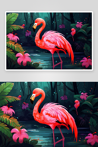 AI数字艺术热带雨林火烈鸟插画