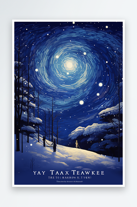 AI数字艺术唯美星空中的梦幻雪景插画