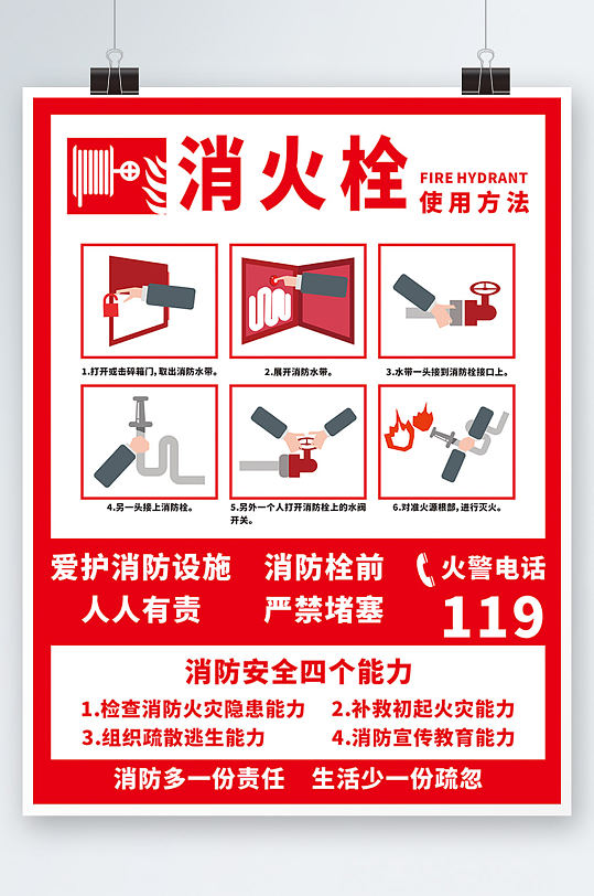 卡通消火栓使用方法消防四个能力海报