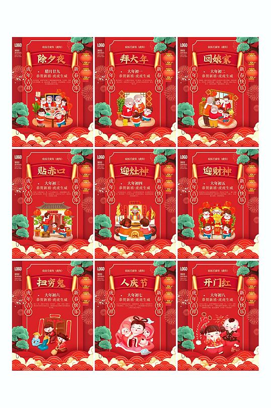 2022年虎年春节大年初一至初八年俗海报