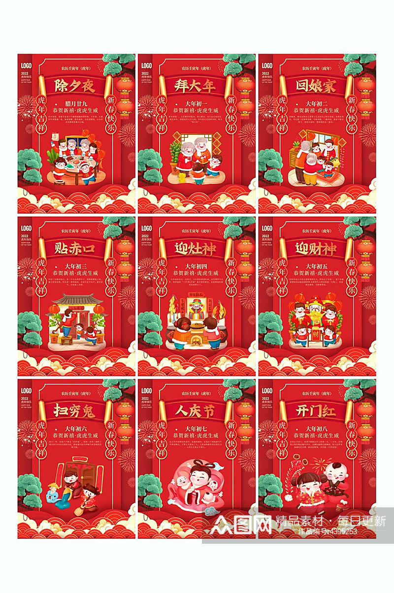 2022年虎年春节大年初一至初八年俗海报素材