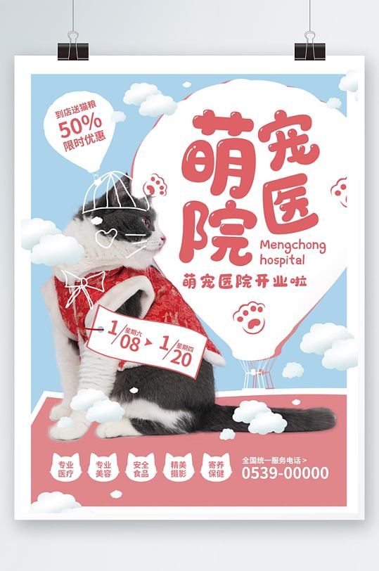 原创萌宠商业海报红蓝色调猫猫宠物宣传单页