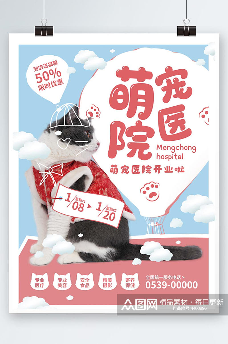原创萌宠商业海报红蓝色调猫猫宠物宣传单页素材