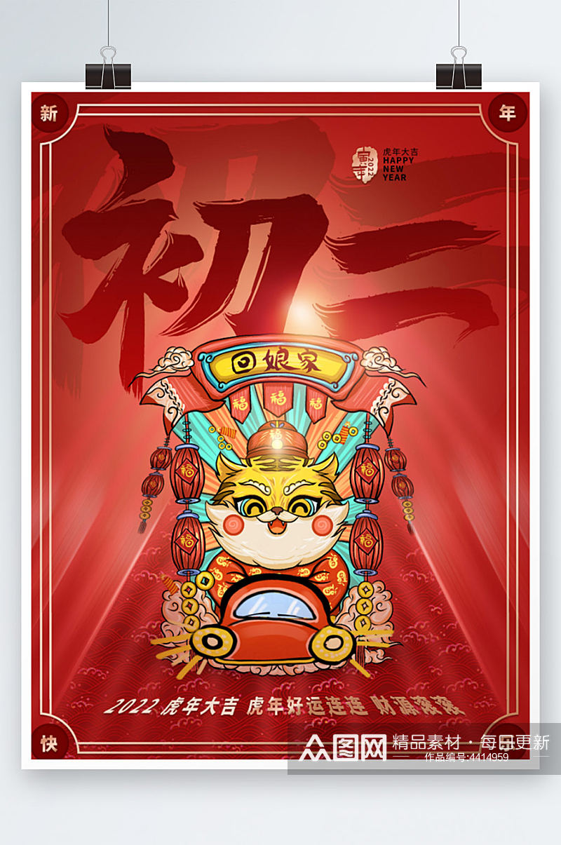 国潮红色2022虎年新年春节年俗海报初二素材