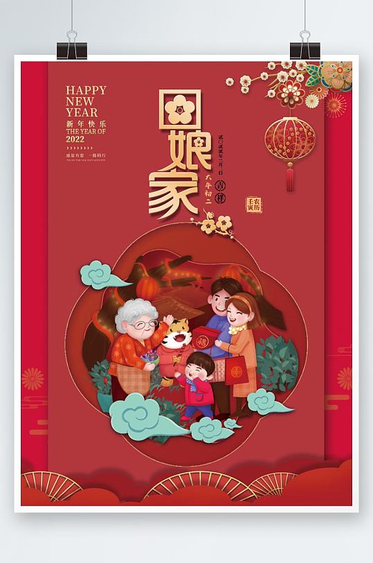 2022年春节虎年大年初二回娘家节日海报