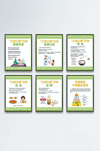 三减三健健康海报饮食绿色卡通学校复古