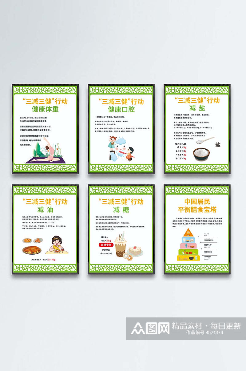 三减三健健康海报饮食绿色卡通学校复古素材