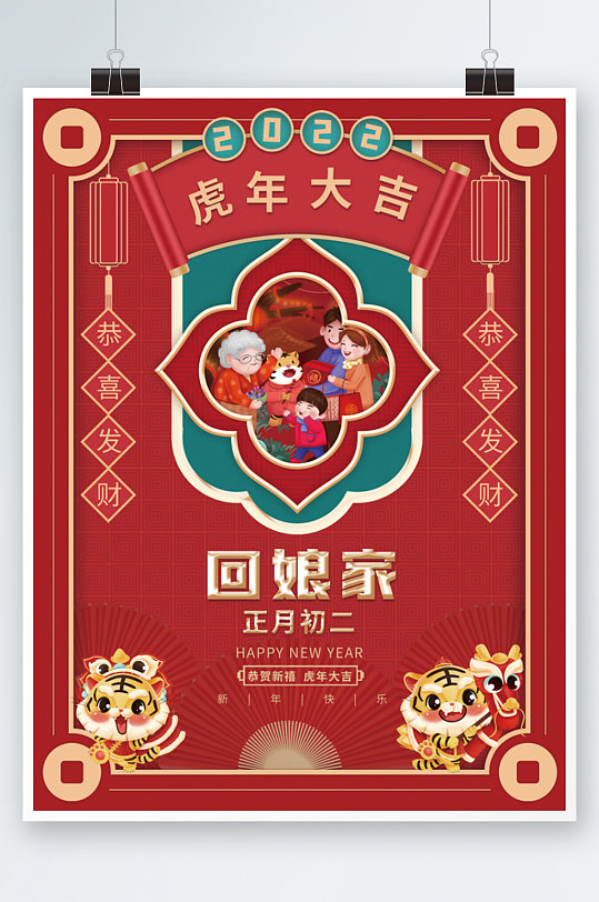 红色喜庆虎年新年春节正月初二年俗海报