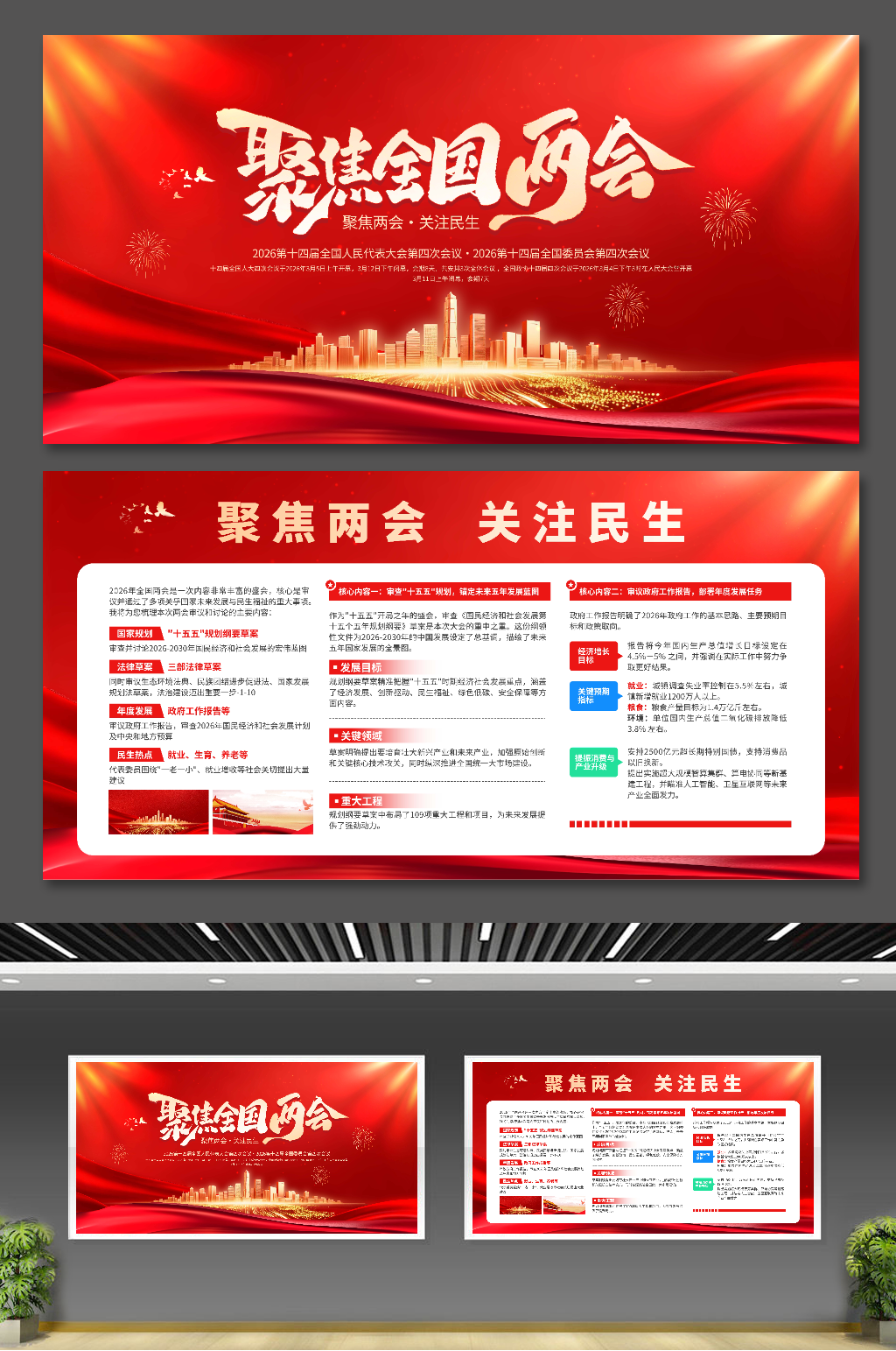 聚焦全国两会关注民生红色党建宣传展板素材