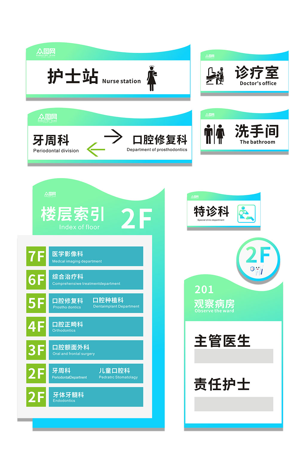 蓝色口腔医院导视门牌科室牌素材
