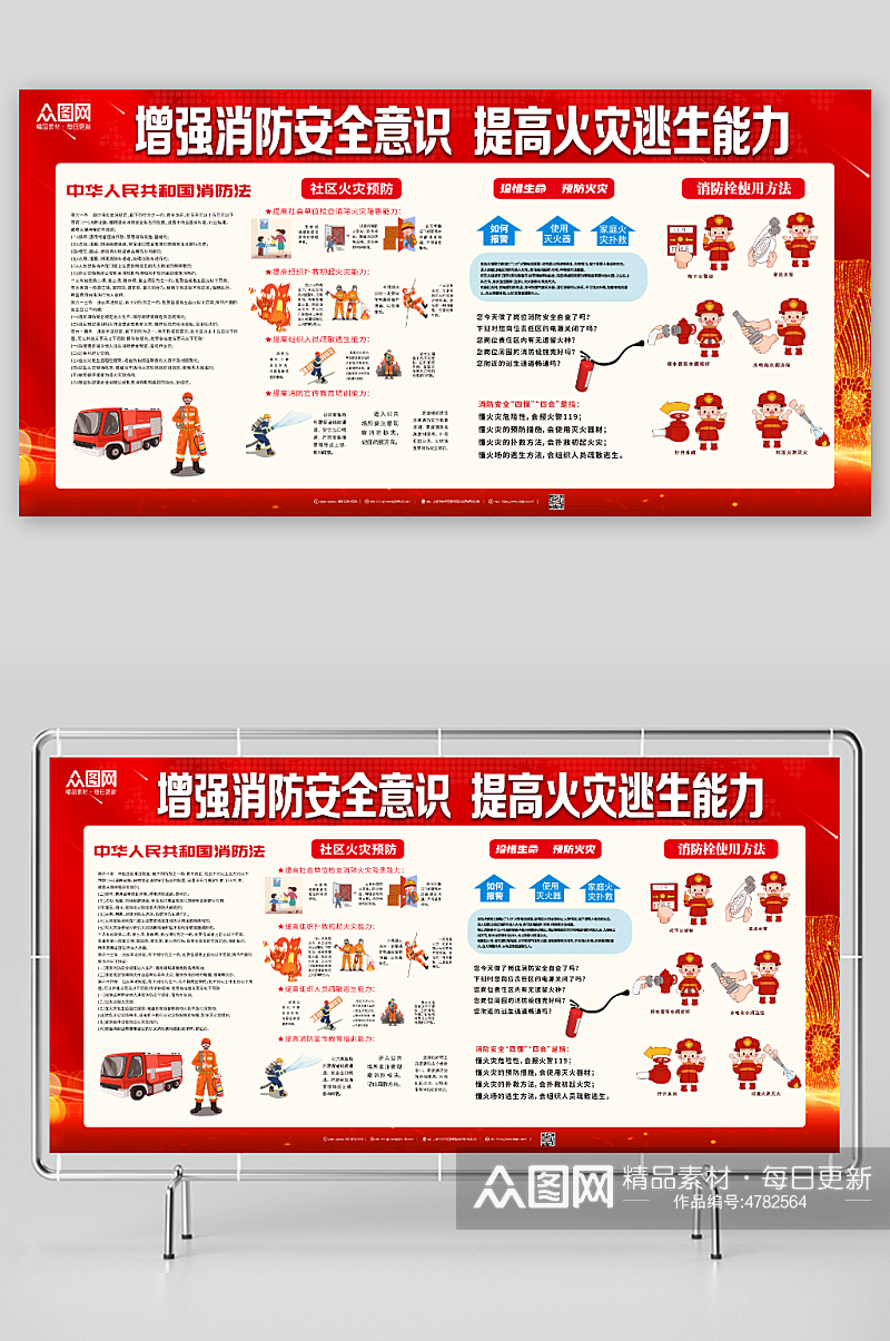 红色消防知识单面宣传栏展板素材