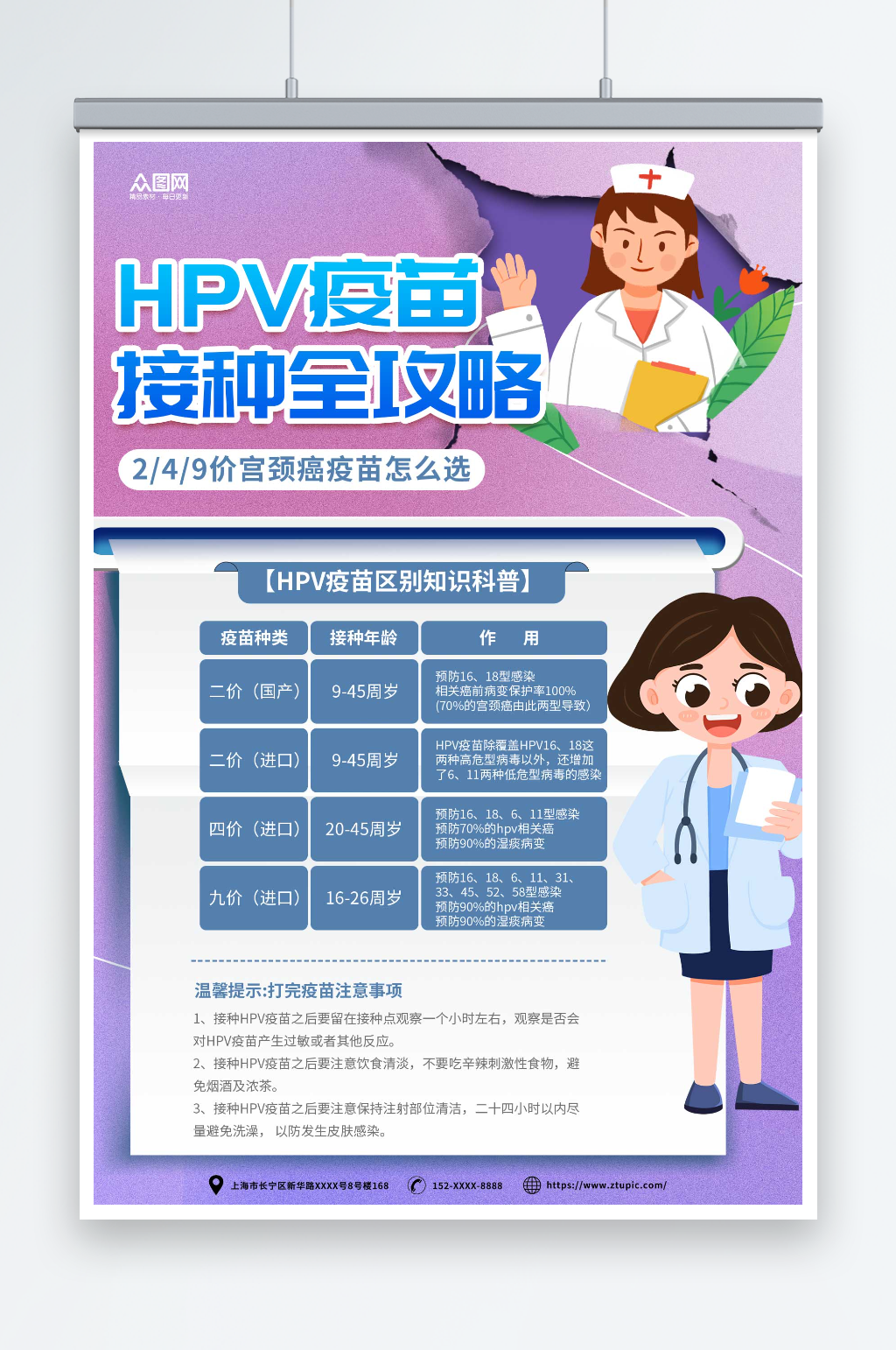 创意HPV疫苗区别知识科普海报素材