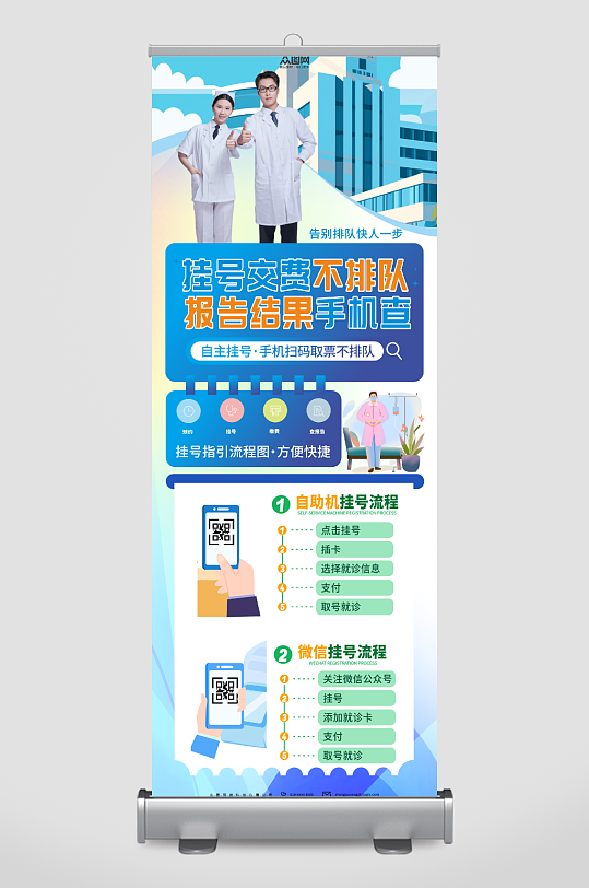 简洁医院预约挂号流程展架易拉宝