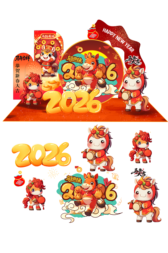 红色马年新年2026年春节美陈布置设计-众图网