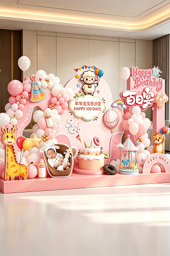 羊年生肖宝宝生日满月百日宴美陈