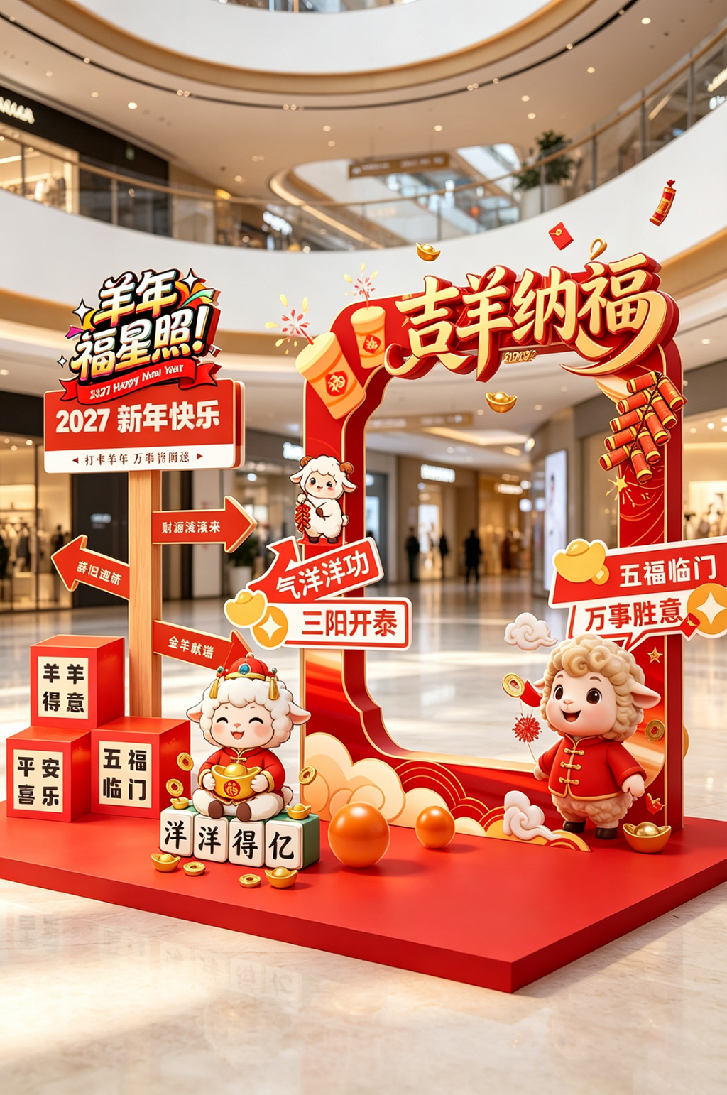 2027年羊年新年春节拍照框打卡点美陈布置素材