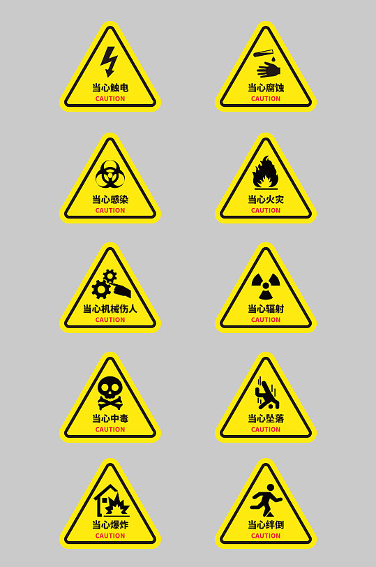 黄色矢量提示牌当心触电当心爆炸