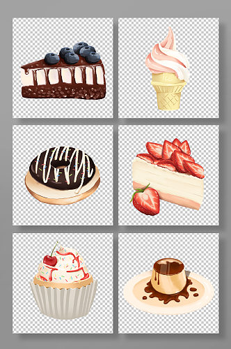 手绘风各种蛋糕雪糕甜食零食元素插画