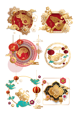 牛年新春新年祥云窗花灯笼中国风元素 设计元素素材下载 众图网