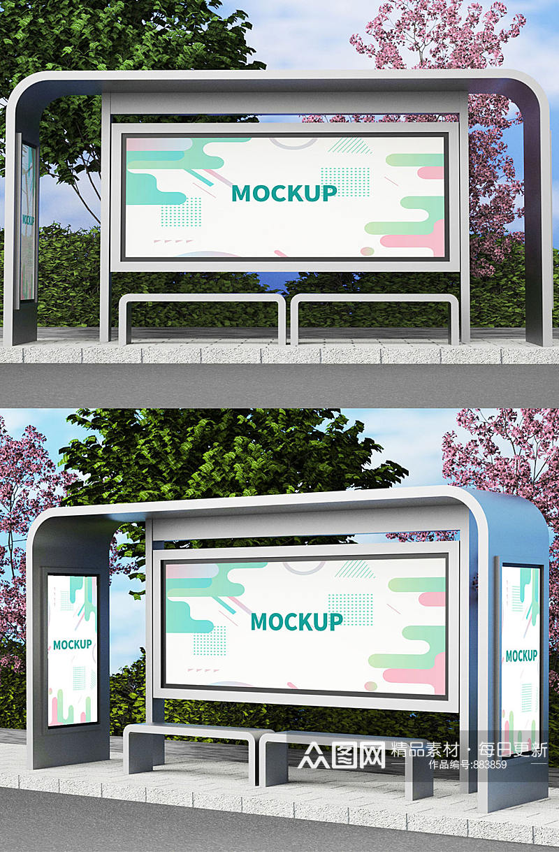 原创3D模型场景海报金属公交车站灯箱素材