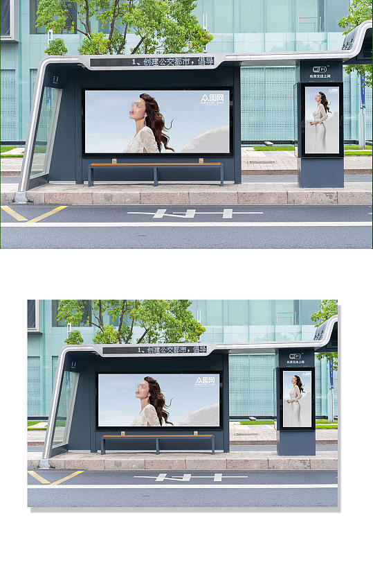 公交车站户外空白广告牌基础设施海报样机